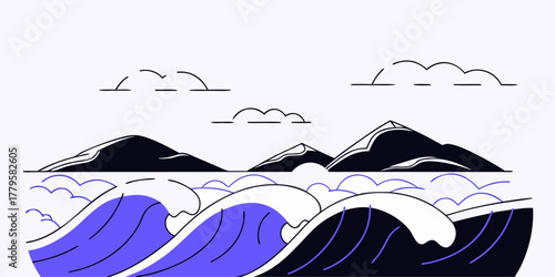 Minimalist Ocean Waves and Mountains with Clouds water