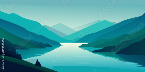Serene mountain lake surrounded by lush green and blue peaks