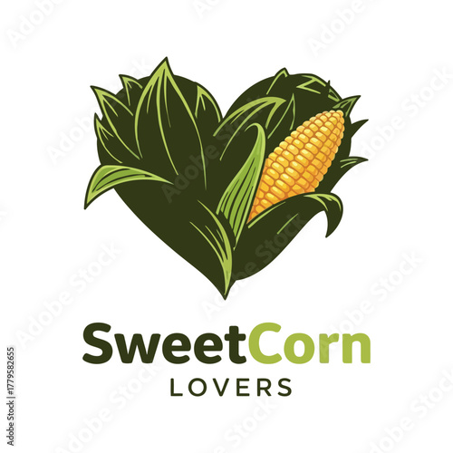 Heart shaped sweet corn cob with green leaves and text sweet corn lovers