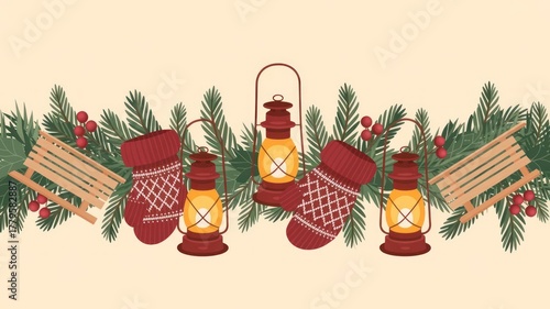 Christmas border with mittens, lanterns, sleds, and fir branches on beige