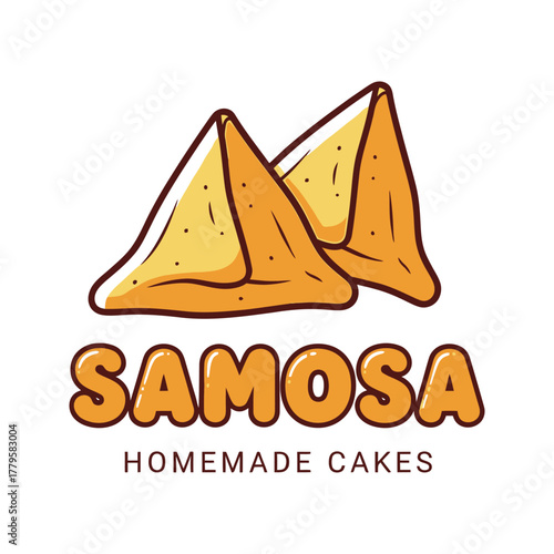 Stylized logo featuring two golden samosas and the text samosa homemade cakes
