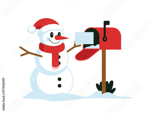 A snowman wearing a Santa hat and scarf is checking his mailbox.