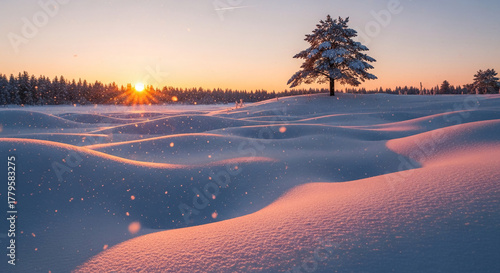 Scenic winter landscape with snow-covered hills, a conifer, and a bright sunrise, representing serenity, natural beauty, and the quietude of a winter morning
