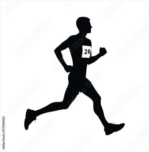 Silhouette of a runner with bib number 28 isolated on white background