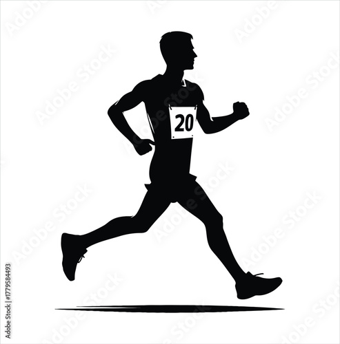 Silhouette of a runner with bib number 20 isolated on white background