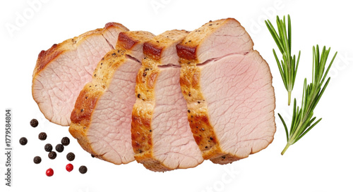 Sliced roasted pork loin with rosemary and peppercorns transparent background cutout png