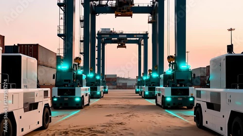 Automated terminal tractors and large teal gantry cranes lined up at a massive shipping port during twilight
