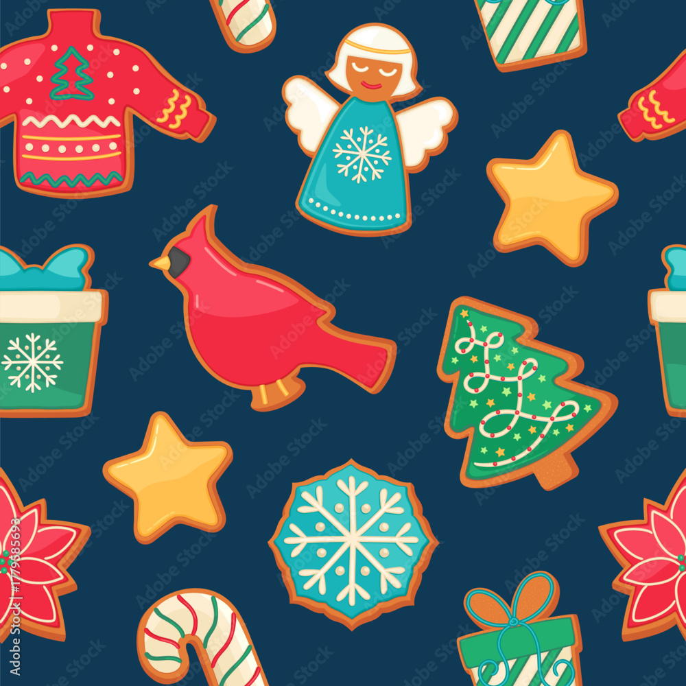 Fototapeta premium Christmas gingerbread cookie seamless pattern. Holiday bakery brown iced sugar cookies on blue background. Cartoon sweet food repeat design vector illustration for cute wrapping paper or fabric print.