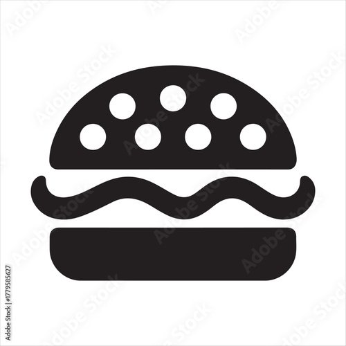Simple black and white icon representing a classic hamburger with sesame seeds on the bun