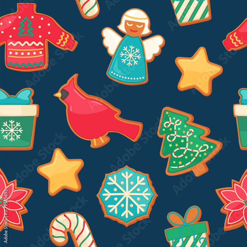 Christmas gingerbread cookie seamless pattern. Holiday bakery brown iced sugar cookies on blue background. Cartoon sweet food repeat design vector illustration for cute wrapping paper or fabric print.