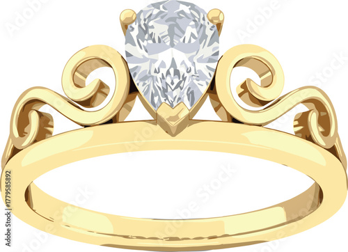 Ornate gold ring, pear-shaped diamond, vintage scrollwork design, prong setting, elegant jewelry, vector illustration, luxury accessory, engagement concept