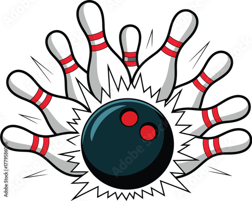 Bowling ball hitting pins graphic illustration for sport and games