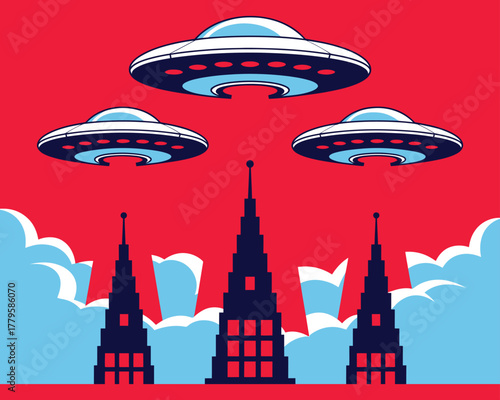 Alien invasion over futuristic city skyline, science fiction illustration