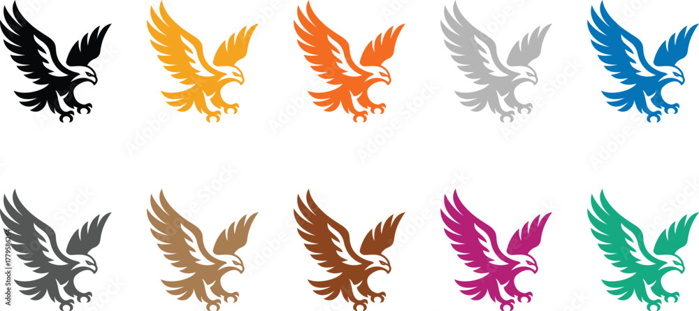 Fototapeta premium Dynamic eagle flight silhouettes colorful, Vibrant bird silhouettes in motion vector