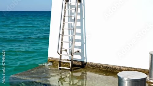 Stainless steel swimming ladder against a clean white wall on a seaside dock over bright turquoise ocean water on a sunny day