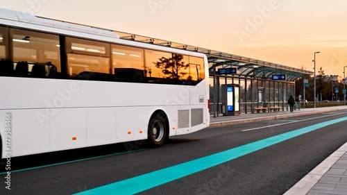 White modern city bus driving fast past a bus stop with a single passenger waiting at dawn or sunset