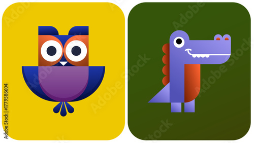 Stylized geometric owl and crocodile illustration in flat modern style. Bright color palette with gradients and clean vector shapes. Perfect for kids’ prints, app icons, or educational materials.