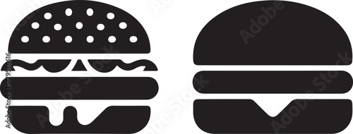 Two stylized black silhouette icons of a hamburger with different levels of detail on a white background