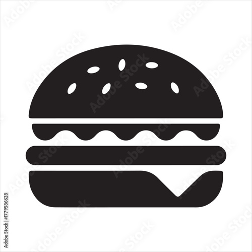 Simple black silhouette icon of a classic hamburger with cheese and sesame seeds on a bun