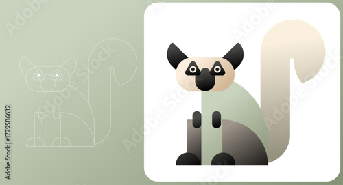 Stylized geometric lemur illustration showing design construction lines and final colored vector. Modern flat design style ideal for tutorials, graphic design learning, and creative branding