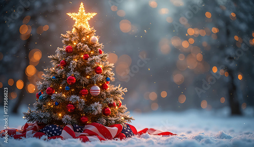 Christmas Tree with Red, White & Blue Ornaments and American Flag Base in Snowy Festive Scene