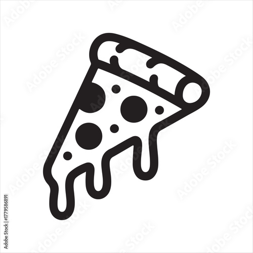 Hand drawn outline of a dripping slice of pepperoni pizza with melted cheese and black olives