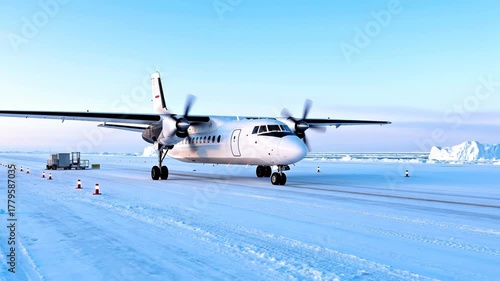 Turboprop airplane taxiing on a snow-covered arctic runway past marker cones and a small iceberg
