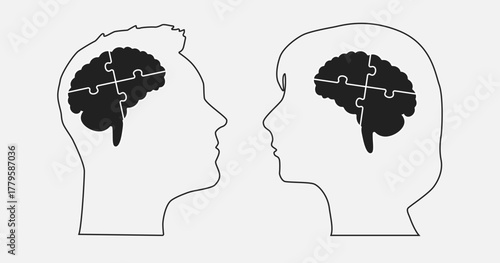 Head woman and man made puzzle pieces, brain, idea