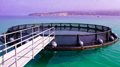 Circular offshore fish farm net cage with a metal walkway extending over turquoise ocean water on a foggy day