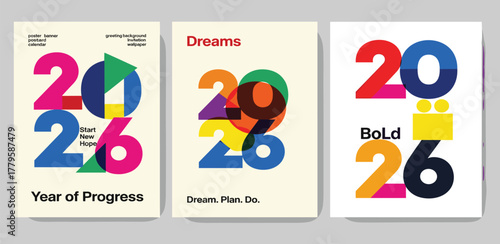 Colorful 2026 typographic posters with bold numbers and abstract shapes creating a dynamic visual appeal for a new year