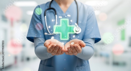 Wallpaper Mural Medical Professional with Holographic Cross Offering Support and Care in Hospital Torontodigital.ca