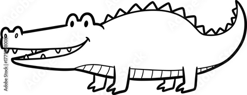 Cartoon crocodile line drawing with smiling face, friendly animal illustration, cute reptile design, children’s storybook art, playful black outline vector