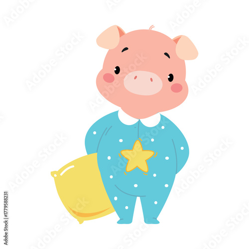 Cute Pig Character in Pajamas with Pillow Have Bedtime Vector Illustration