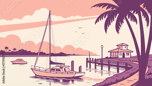 Flat design of Fort Myers harbor sunset minimal vector, clean pastel color palette ideal for travel and tropical lifestyle poster art
