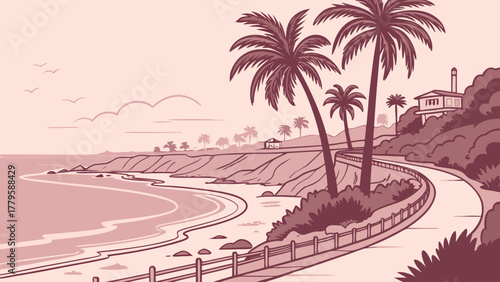 Flat design of Palm Beach coastline in pastel pink gradient, clean elegant travel vector for wall prints and beach lifestyle decor
