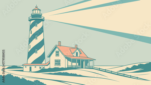 Flat design of St. Augustine lighthouse minimal tone, elegant pastel art for nautical travel posters and beach house wall prints
