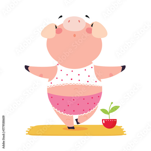 Cute Pig Character Do Yoga on Mat Vector Illustration