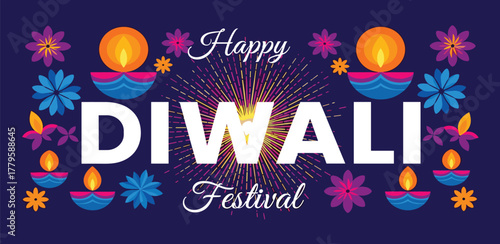 Happy Diwali Festival Celebration Greeting Card with Colorful Lights and Fireworks