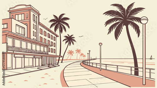 Minimal vector of Hollywood Beach boardwalk pastel tones, clean tropical travel design ideal for wall decor and USA illustration

