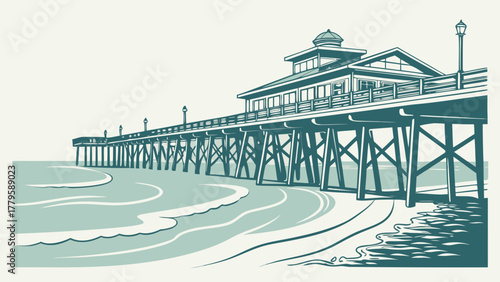 Flat modern vector of Cocoa Beach pier minimal pastel tones, seaside travel art for decor and summer illustration posters
