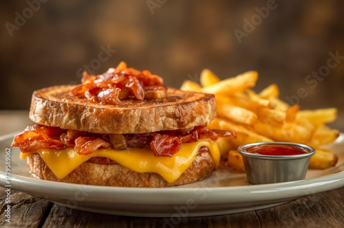 Bacon and cheese grilled sandwich served with crispy fries and dipping sauce on a wooden table