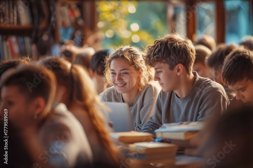 Students engaged in collaborative learning at a cozy classroom in the afternoon sunlight