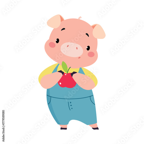 Cute Pig Character Stand with Apple Fruit Vector Illustration