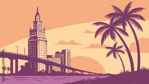 Minimalist vector of Miami skyline sunset gradient clean modern tone, elegant travel illustration for decor and city poster design
