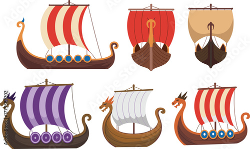 Viking ship illustrations, dragon figureheads, colorful sails, historical maritime design, vector silhouette set, Norse culture, ancient naval icons