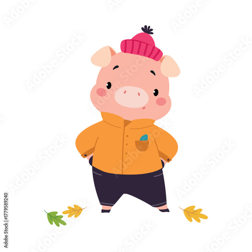 Cute Pig Character Walk in Park at Autumn Season Vector Illustration