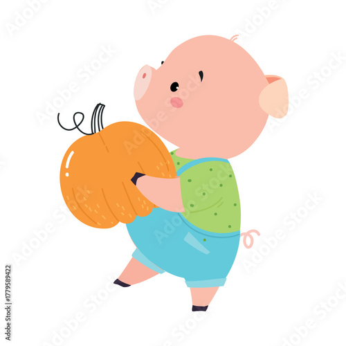 Cute Pig Character Carry Pumpkin Crop Vector Illustration
