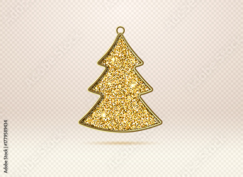 Shiny golden Christmas tree or ornament with a golden texture. Vector 3D illustration.