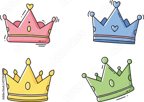 Cartoon crown set, colorful royal symbols, fantasy illustration, children’s design element, vector art, playful decoration, digital icon, flat drawing