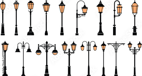 Vintage street lamp set, ornate black silhouettes, glowing amber lights, historical urban lighting, vector illustration, decorative outdoor infrastructure icons